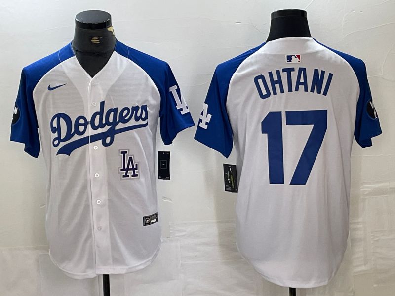 Men Los Angeles Dodgers #17 Ohtani White blue Fashion Nike Game MLB Jersey style 1->->